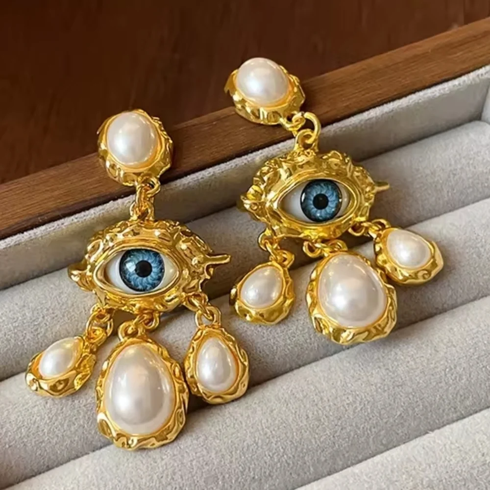 Gold-Tone Evil Eye Drop Earrings with Pearl Accents